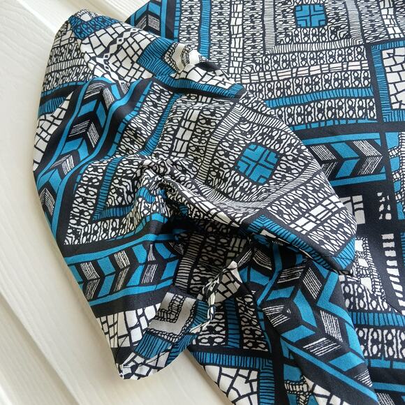 Fire Los Angeles Blue Button-up Maxi Dress M deep slits black mosaic waist tie - Picture 7 of 14